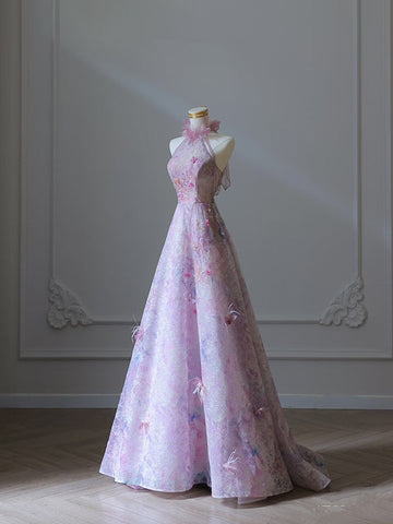 A Line High Neckline Lilac Lace Tulle Flowers Evening Dress Prom Dresses SD1651